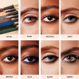 Teintes du crayon yeux Iconic London Smokey Eye Duo Kajal, plum, neutral, grey, brown, blue, black et green, rendu sur différents regards